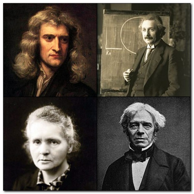Isaac Newton, Albert Einstein, Marie Curie and Michael Faraday