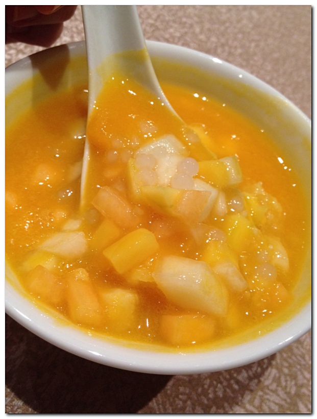 Chilled mango puree with fresh mix fruit and sago