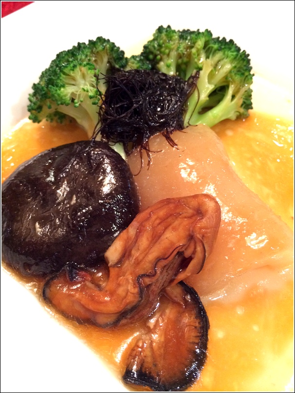 Braised Sea Cucumber, Black Mushroom, Dry Oyster and Black Moss with Greens