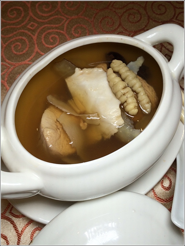 Double boiled cordycep chicken soup with fish maw and dried scallop